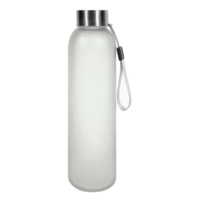 T607, Botella de vidrio Laguna. Botella de vidrio con acabado frosty. Tapa de acero inoxidable, aro de silicona antiderrame y correa de tela reforzada. Presentada en caja de regalo