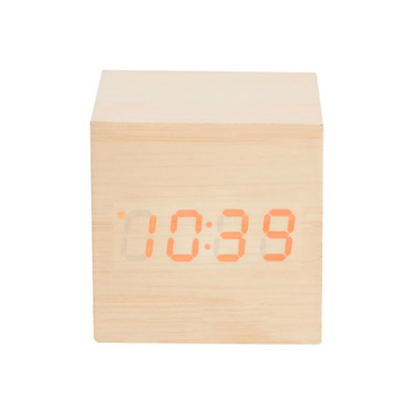 MK 120, RELOJ TIME CUBE. Reloj de madera con LED. Funciones: hora. alarma. se pueden programar 3 alarmas). calendario y temperatura. Baterías. 3 pilas AAA) no incluidas. Incluye caja individual.