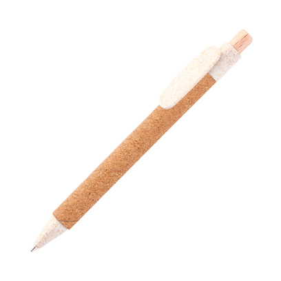 BL-128, Bolígrafo retráctil fabricado en corcho, clip en fibra de trigo, botón de madera y tinta de escritura negra.