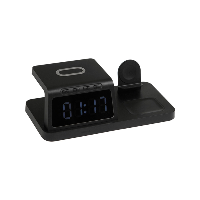 TH-195, Reloj de escritorio digital con cargador inalámbrico, compuesto de ABS+Acrílico. Apto para dispositivos con tecnología Qi. Incluye caja de cartón individual.