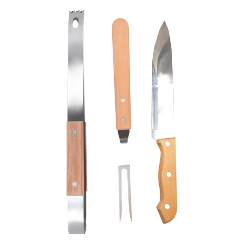 HO-074, Set de BBQ. Incluye 1 pinza, 1 cuchillo, 1 tenedor trinchante y estuche de poliéster.